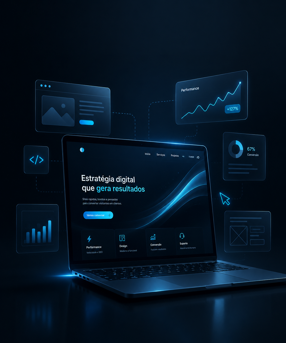 Notebook exibindo site profissional com elementos de performance, design e conversão